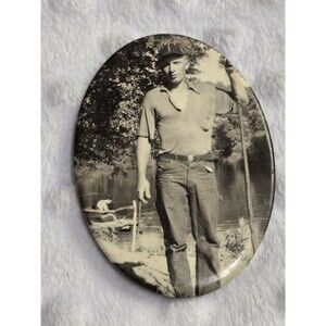 Vintage Celluloid Pocket Mirror Handsome Man Fishing River Nature Background B&W